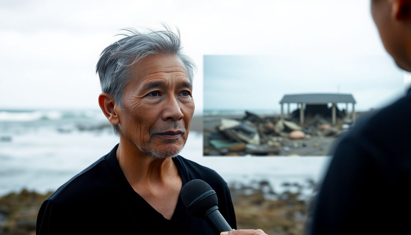 Design an image of a survivor being interviewed, with a split-screen showing grainy footage of the tsunami's aftermath.