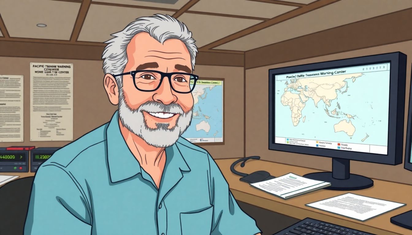 Illustrate a scene of Barry Hirshorn at the Pacific Tsunami Warning Center, with a map of the Indian Ocean in the background.