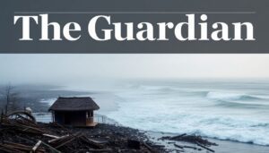 Generate an image of the cover of The Guardian, with the title of the article and subtitle clearly visible. The image should feature the devastation caused by the tsunami. Make sure the image is respectful to the subject matter.