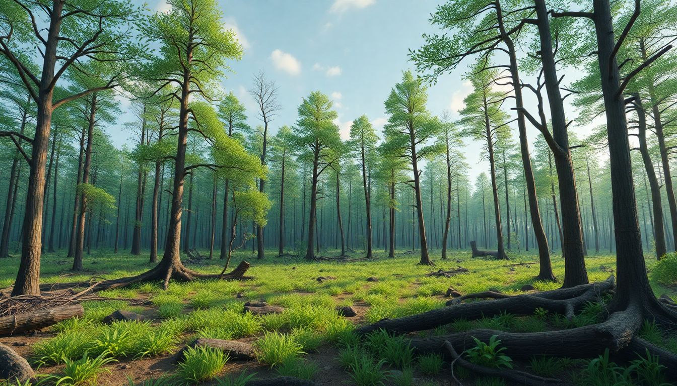 Illustrate a time-lapse of a forest recovering from a storm, showing seedlings growing into mature trees over time.