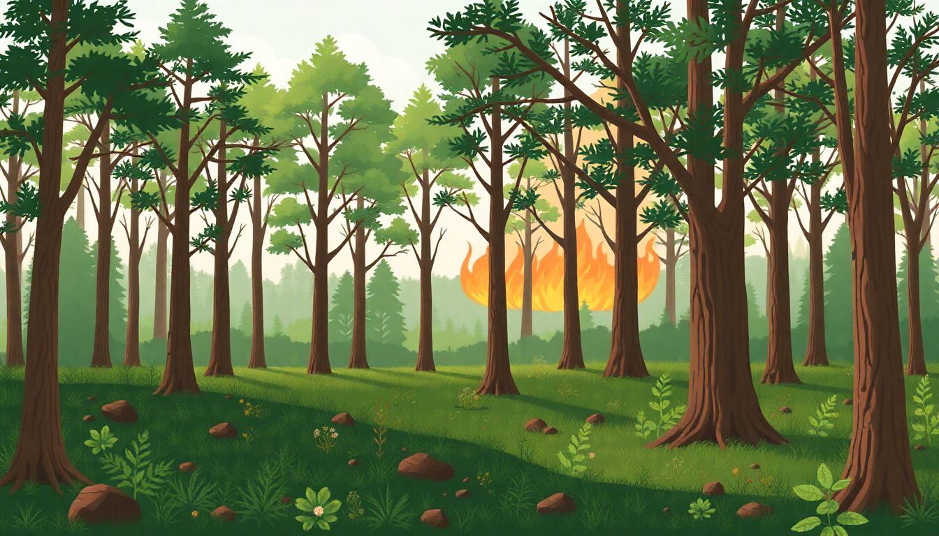 Illustrate a healthy forest with diverse tree species, understory plants, and a controlled fire in the background.