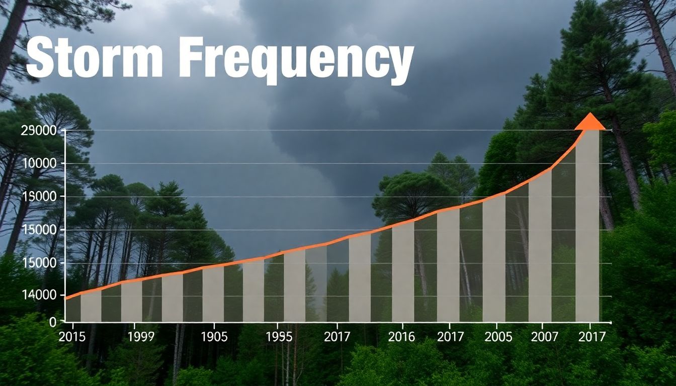 Show a graph of increasing storm frequency over time, with a background of a forest being hit by a storm.