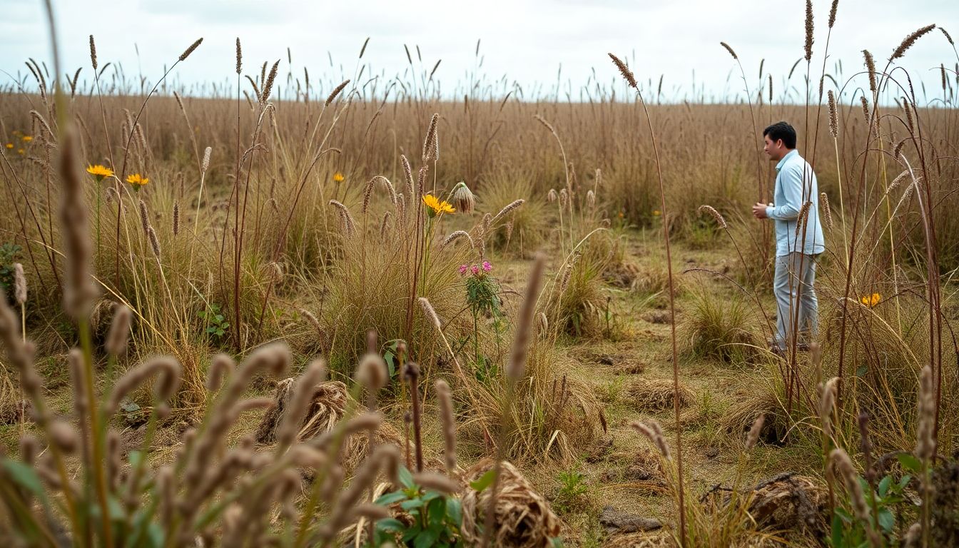 Depict a battlefield where native plants are struggling against invasive species, with a scientist studying the interaction.