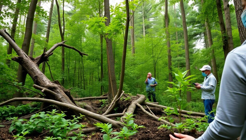 Create an image of a lush forest with various tree species, some uprooted by a storm, while others stand tall. In the background, a scientist is studying the trees, and in the foreground, a seedling is being planted by a volunteer.