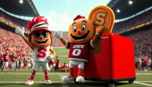 Create an image of the Pop-Tarts mascots—Hot Fudge Sundae, Wild Berry, and Cinnamon Roll—in a lively stadium setting, with Iowa State players celebrating their victory and the Cinnamon Roll mascot being playfully 'sacrificed' in a giant toaster.