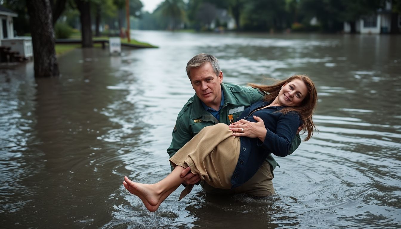 A meteorologist wading through chest-deep floodwaters, carrying a woman to safety, with a look of determination on his face.