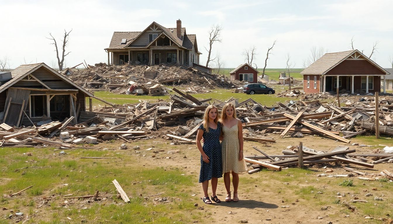 A devastated Kansas landscape with homes reduced to rubble, debris scattered everywhere, and two sisters standing amidst the destruction, looking shocked.