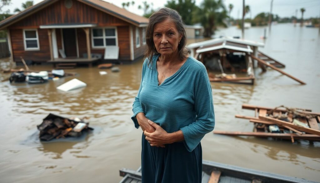 A weary woman standing on the remnants of her flooded home, surrounded by debris and rising waters, with a somber expression on her face.