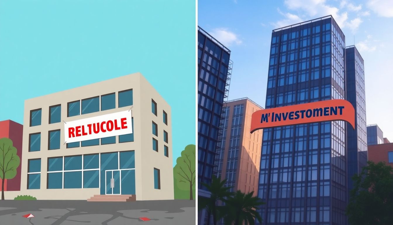 Illustrate a split-screen image with one side showing a distressed office building with a 'Price Reduced' sign, and the other side showing a modern office tower with a 'New Investment' banner.