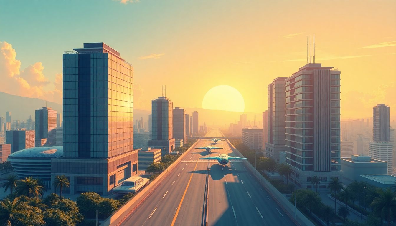 Illustrate a futuristic cityscape with modern office buildings, flying cars, and a rising sun, symbolizing hope and new opportunities on the horizon.