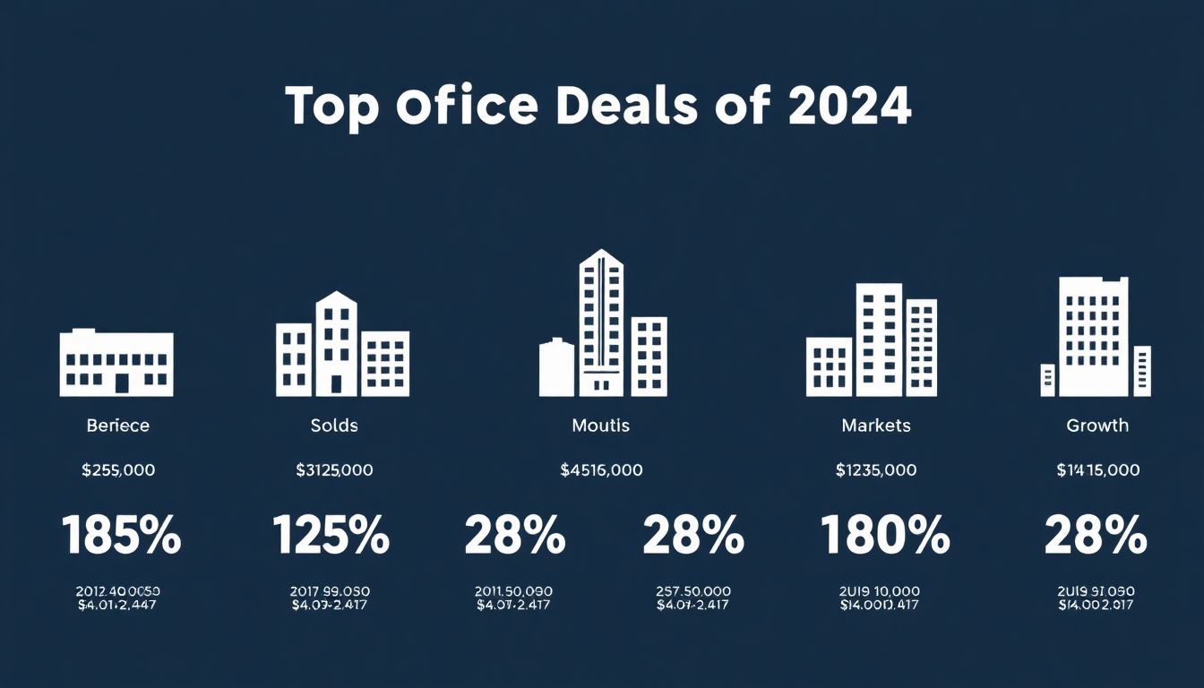 Create an infographic showcasing the top office deals of 2024, with icons representing sold properties, investment amounts, and market growth percentages.