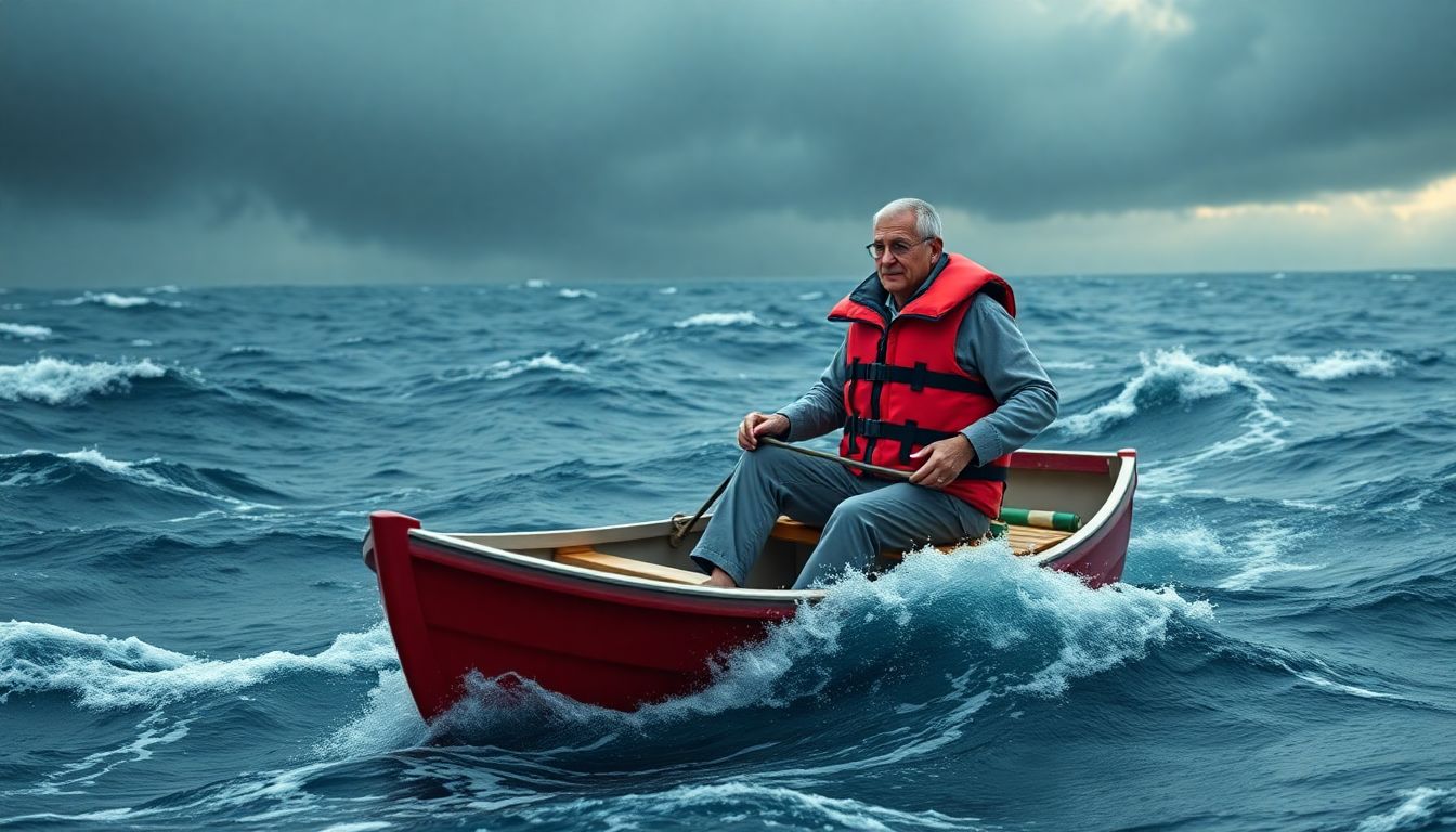 Design a conceptual image of a office landlord navigating a stormy sea in a small boat, with a compass representing strategy and a life jacket representing adaptability.