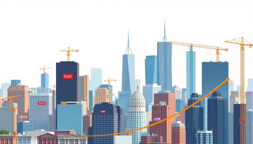 Create a visual representation of a bustling city skyline with office buildings, some with 'For Sale' signs, others with 'Sold' signs, and construction cranes working on new developments. Include a graph showing an upward trend in office sales volume.