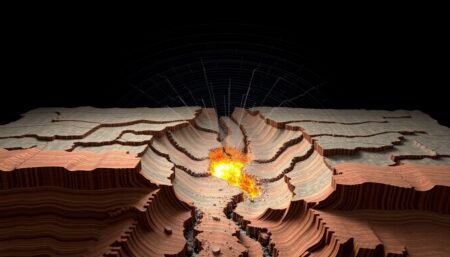 Create an image of a complex fault system with multiple fractures, radiating seismic waves, and a large, catastrophic earthquake in the center.