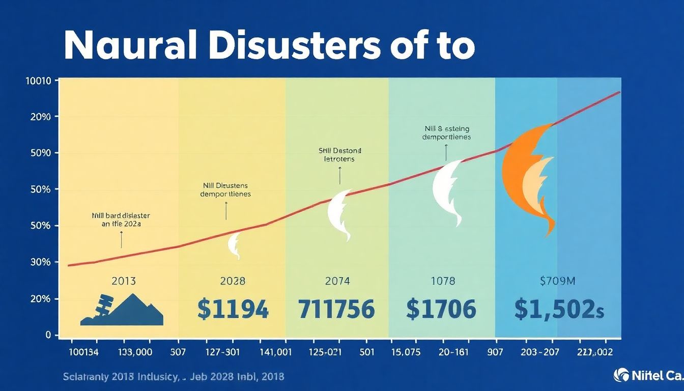 A graphic illustrating the escalation of natural disasters over the years, with a focus on storm intensity and financial impact.