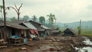 Create an image depicting a rural community devastated by a natural disaster, with a focus on the financial struggles and the importance of relief programs.