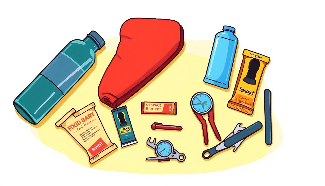 Illustrate a variety of essential survival gear laid out on a flat surface, including a water bottle, food bars, a space blanket, a compass, and a multitool. Ensure the image is vibrant and appealing, with a focus on the practicality of each item.