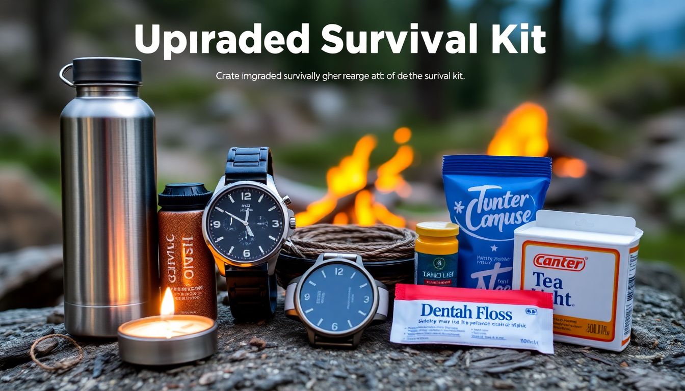 Create an image showcasing upgraded survival kit items, such as an insulated water bottle, a GPS watch, a tea light, and dental floss. Arrange the items in an aesthetically pleasing manner, with a backdrop of a scenic trail or campsite.