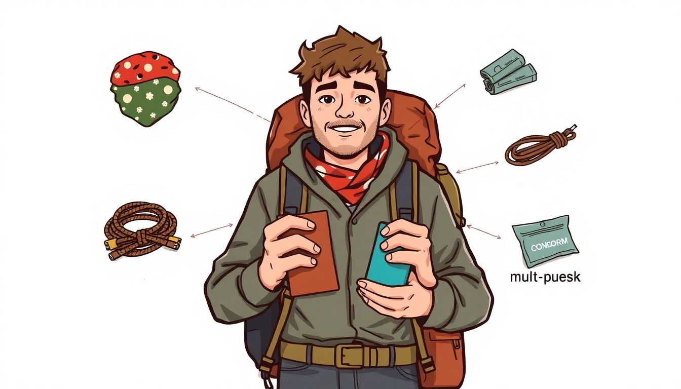 Design an illustration featuring a backpacker holding a lightweight survival kit, with multi-purpose items like a bandana, paracord, and a condom highlighted around them. Include a sense of adventure and preparedness in the image.