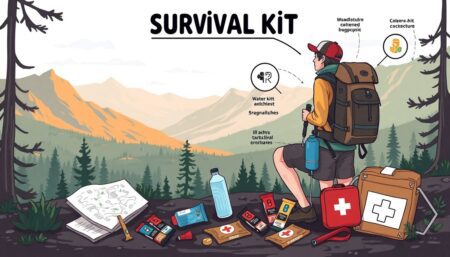 Create an engaging and informative illustration showcasing a backpacker in a scenic location, with various survival kit items scattered around them. Include elements like a map, compass, water bottle, food bars, and a first aid kit to highlight the essential components of the survival kit.