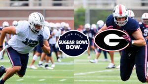 Create an engaging image of Notre Dame and Georgia football players in intense practice sessions, with the Sugar Bowl logo prominently featured in the background.