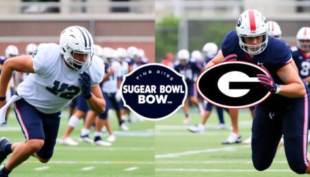 Create an engaging image of Notre Dame and Georgia football players in intense practice sessions, with the Sugar Bowl logo prominently featured in the background.