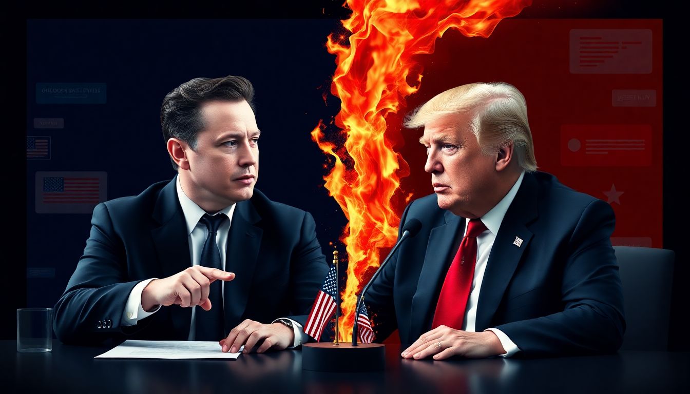 Generate an image of a split screen showing Elon Musk and Donald Trump making crucial decisions, with visual elements representing challenges like government shutdowns and national debt.