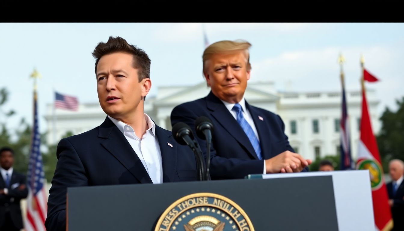 Generate an image of Elon Musk standing beside Donald Trump at a podium, with a backdrop of political symbols and the White House.