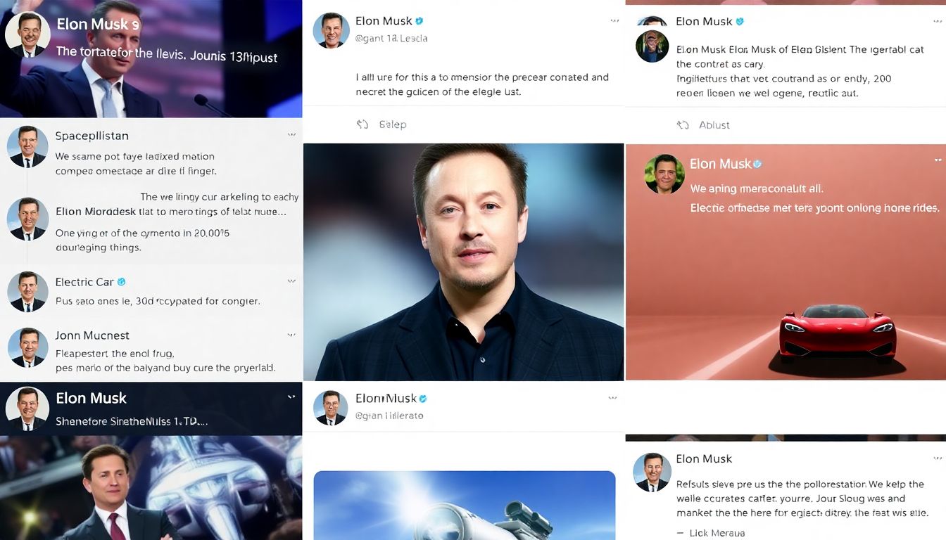 Generate an image of Elon Musk’s Twitter feed, showcasing a mix of political tweets, space exploration posts, electric car advertisements, and controversial statements.