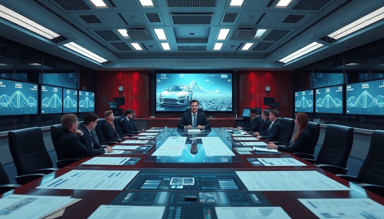 Generate an image of a futuristic corporate boardroom in chaos, with Elon Musk calmly seated at the head of the table, surrounded by restructuring plans and digital projections of new ventures.