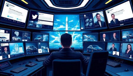 Generate an image depicting Elon Musk at the helm of a futuristic control center, surrounded by screens displaying Twitter feeds, electric car designs, rocket launches, and political figures. Include elements that suggest chaos, innovation, and influence.