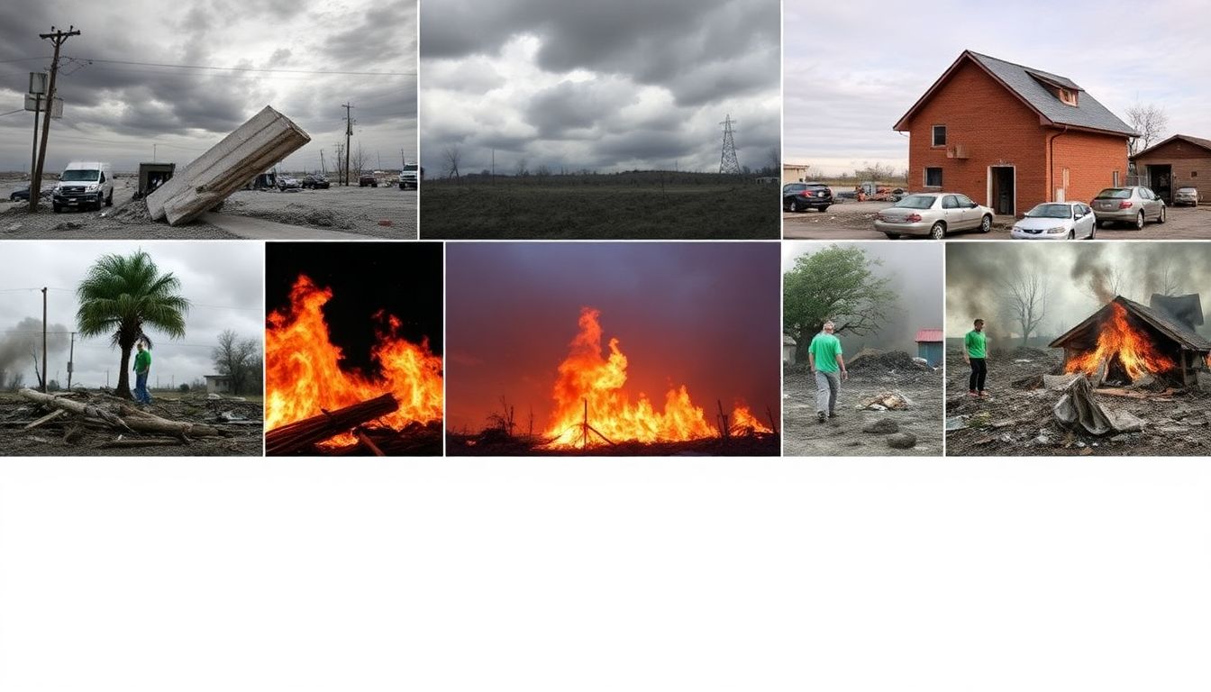 Create a collage of images depicting the aftermath of these disasters, with captions explaining the impact on local communities.