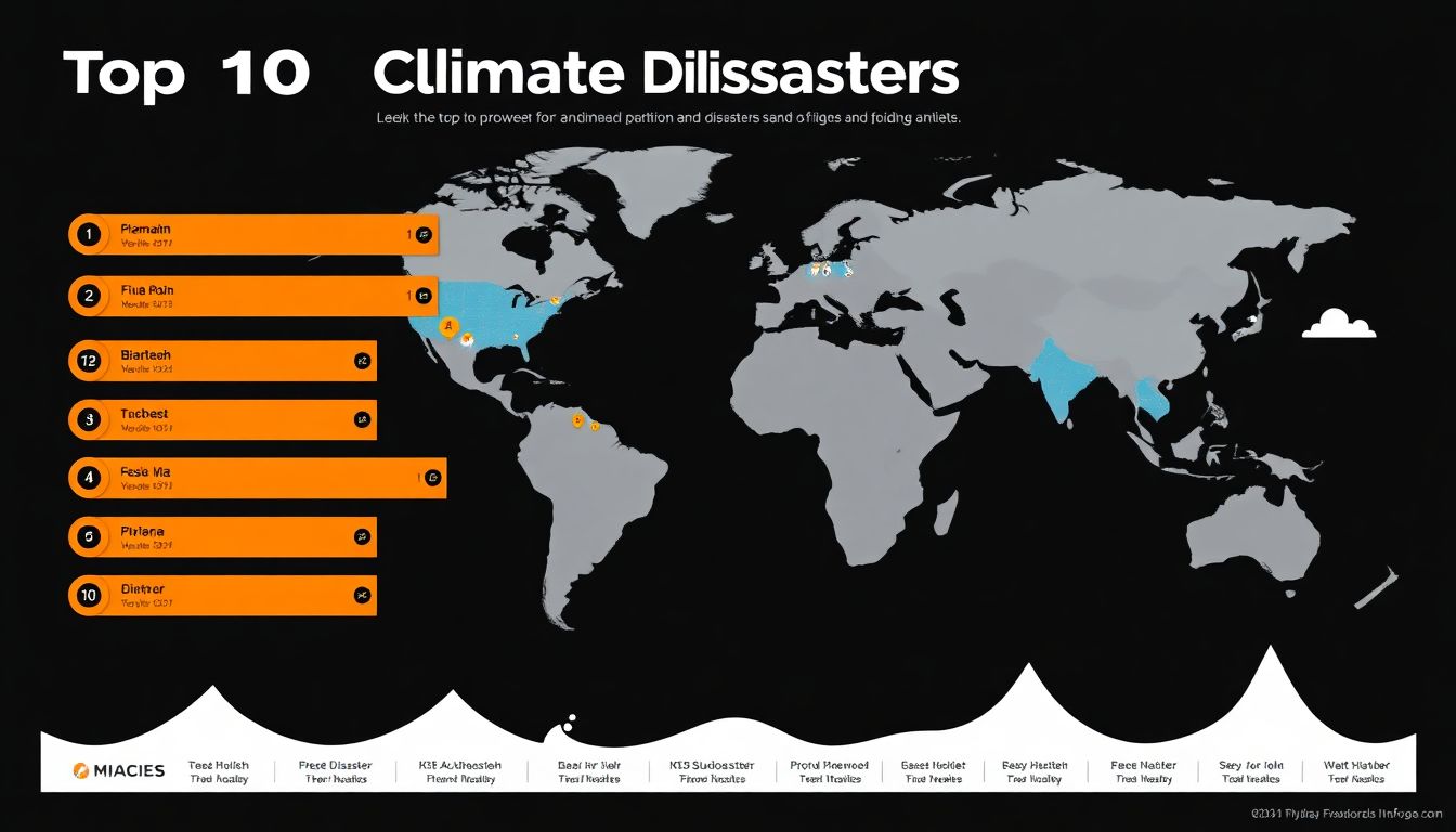 Create an infographic showing the top 10 climate disasters, their locations, and the financial and human impact of each.