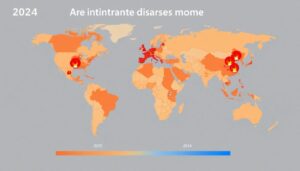 Generate an image of a world map highlighting areas affected by major climate disasters in 2024, with icons representing different types of disasters such as hurricanes, floods, and heatwaves.