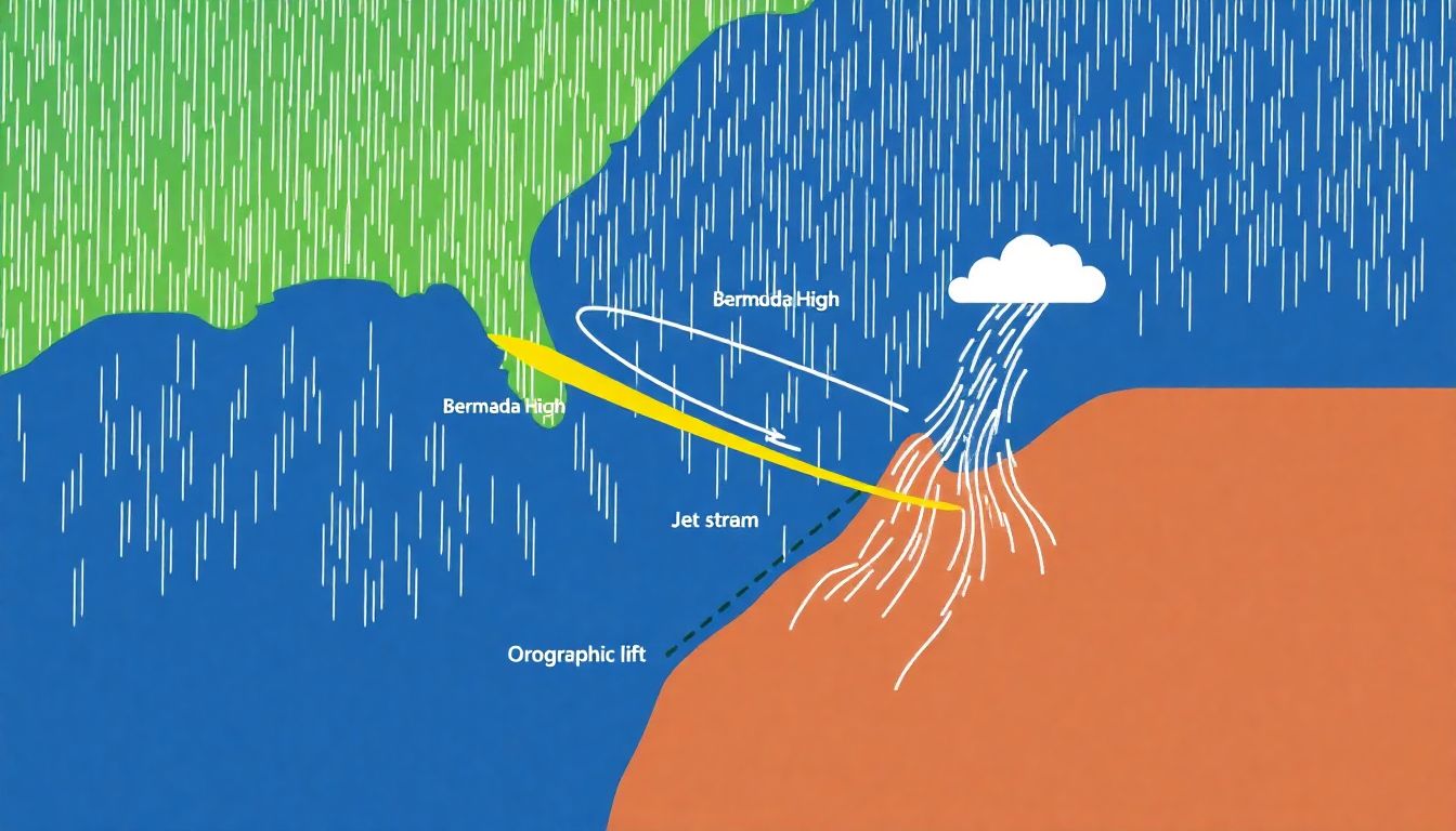 Create a diagram illustrating the meteorological conditions that contributed to the extreme rainfall, including the Bermuda High, jet stream, and orographic lift.