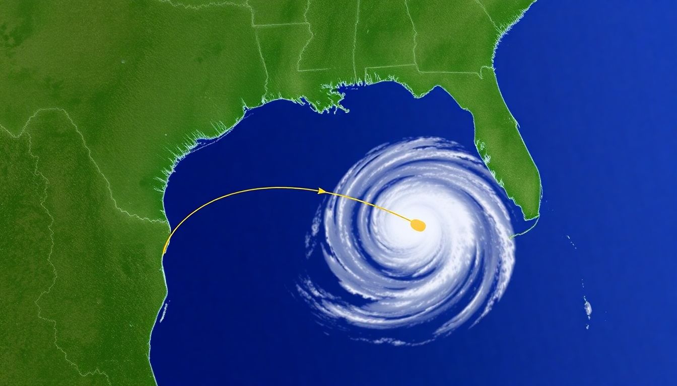 Generate an image of Hurricane Helene making landfall in Florida, with a map showing its path northward to the Appalachian Mountains.