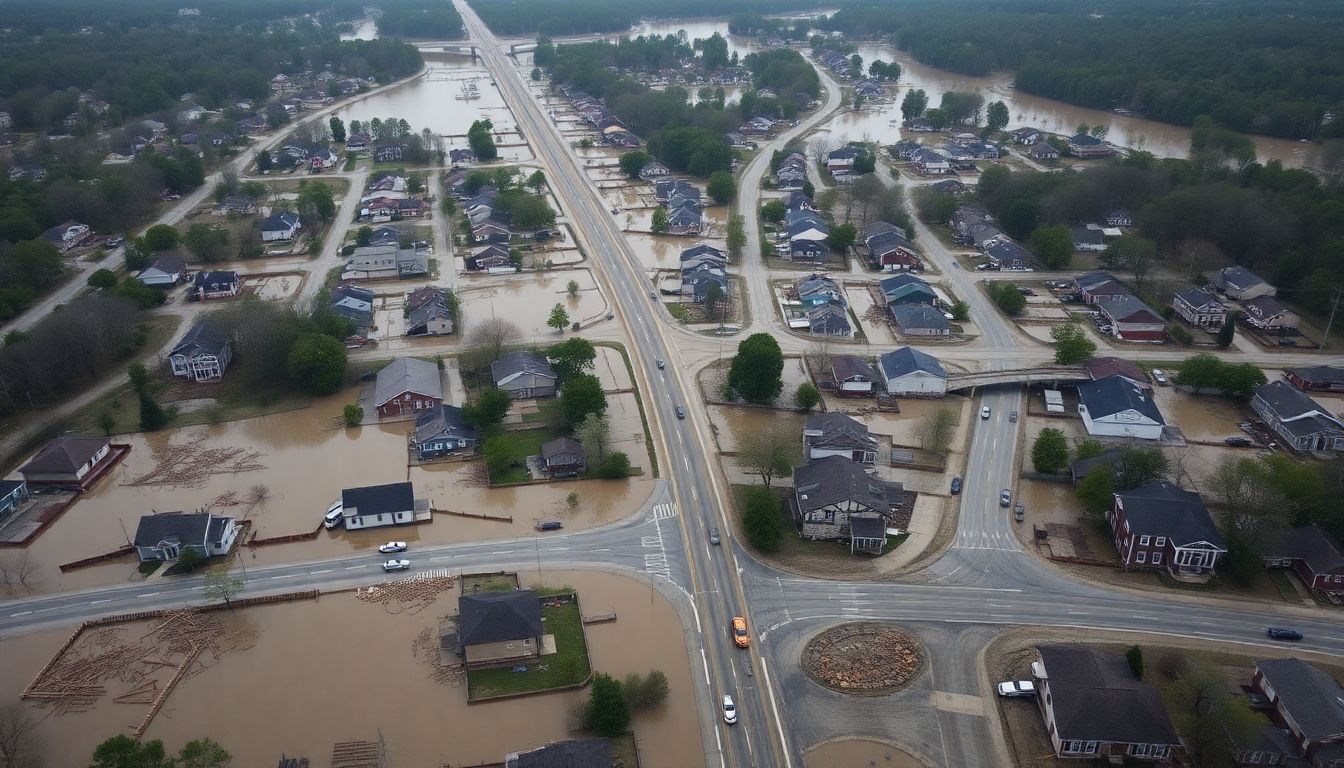 Create an image of the flooding in North Carolina, highlighting the destruction of homes, roads, and infrastructure.