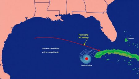 Create an illustration depicting the path of Hurricane Helene from the Gulf of Mexico to the southern Appalachian Mountains, highlighting the extreme rainfall and flooding in North Carolina.