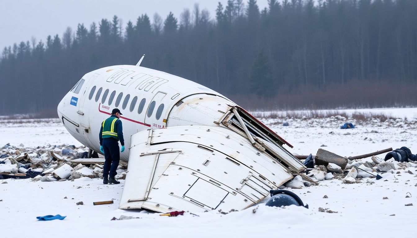 Generate an image of investigators inspecting the wreckage of the plane.