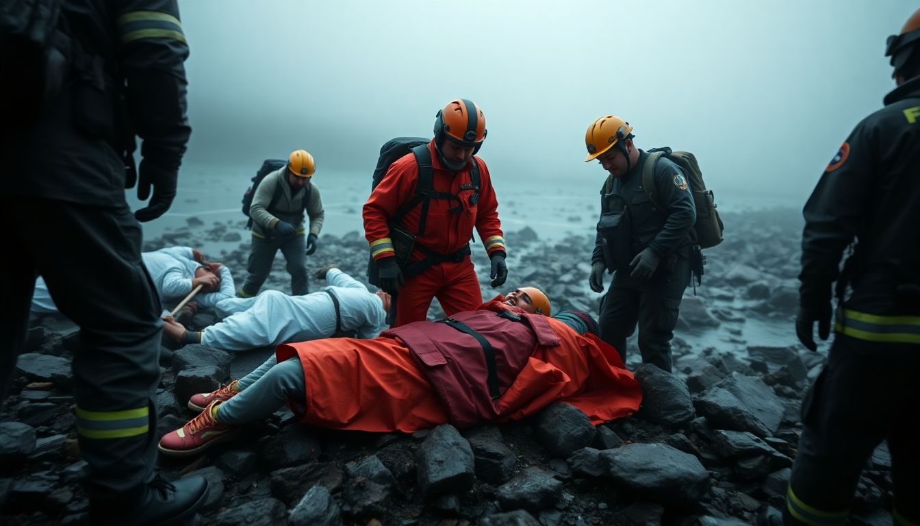 Generate an image of rescue personnel searching for survivors and recovering the deceased.