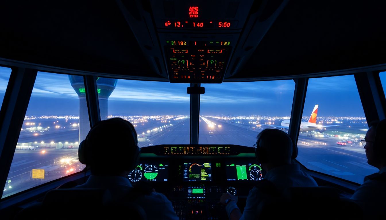 Generate an image of the air traffic control tower and the pilots in the cockpit during the final minutes.