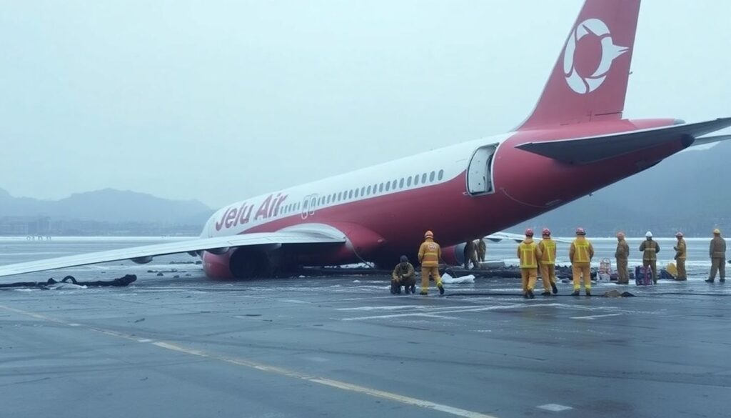 Generate an image of the aftermath of the Jeju Air plane crash at Muan International Airport, with firefighters and rescue personnel at the scene.