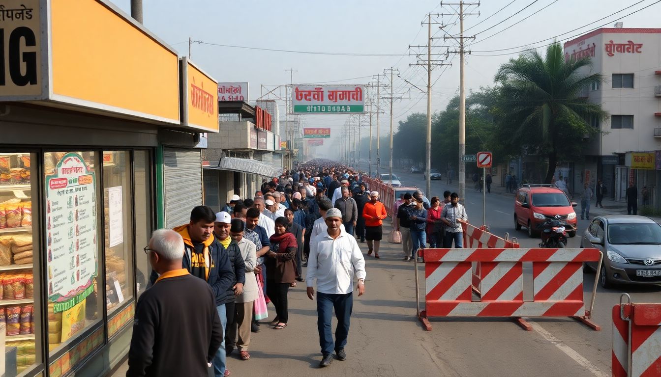 Depict long queues at grocery stores, closed shops, and barricaded roads, with a sense of desperation among the people.