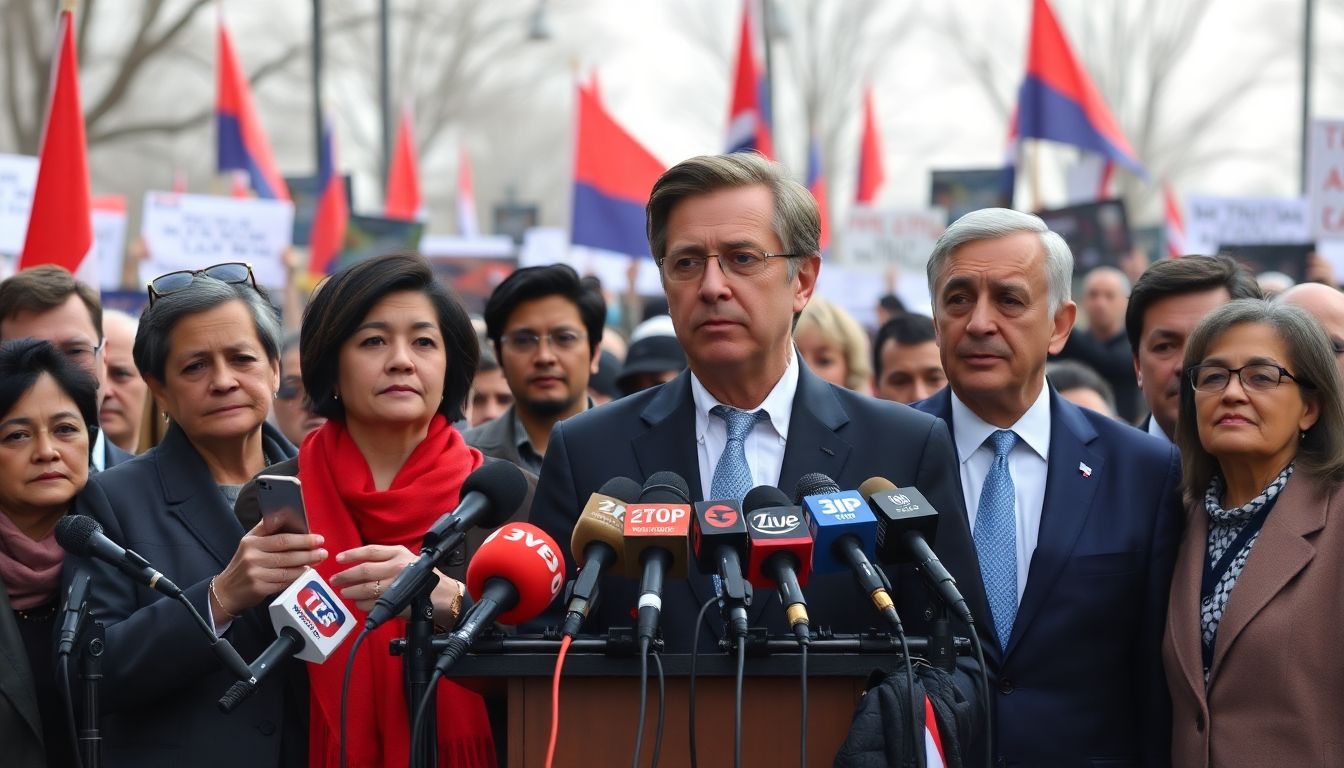 Create an image of a press conference with political leaders and international observers, with a backdrop of protest scenes.