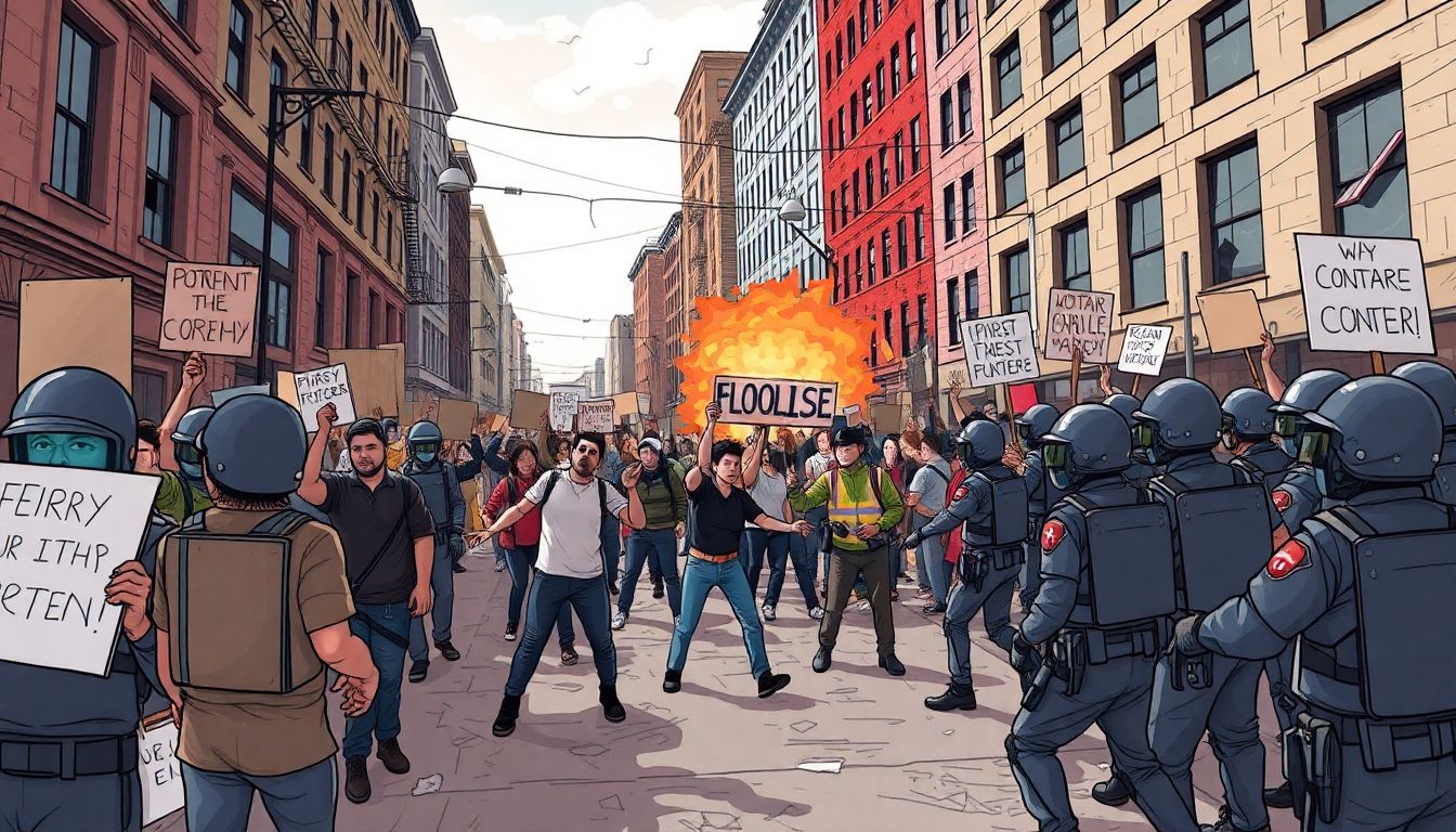 Illustrate a tense street scene with protesters holding signs and clashing with riot police, with a backdrop of vandalized buildings.