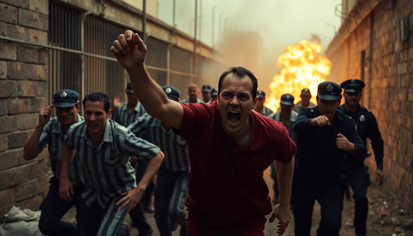 Show a dramatic scene of a prison break with inmates escaping, while police and prisoners clash in the background.