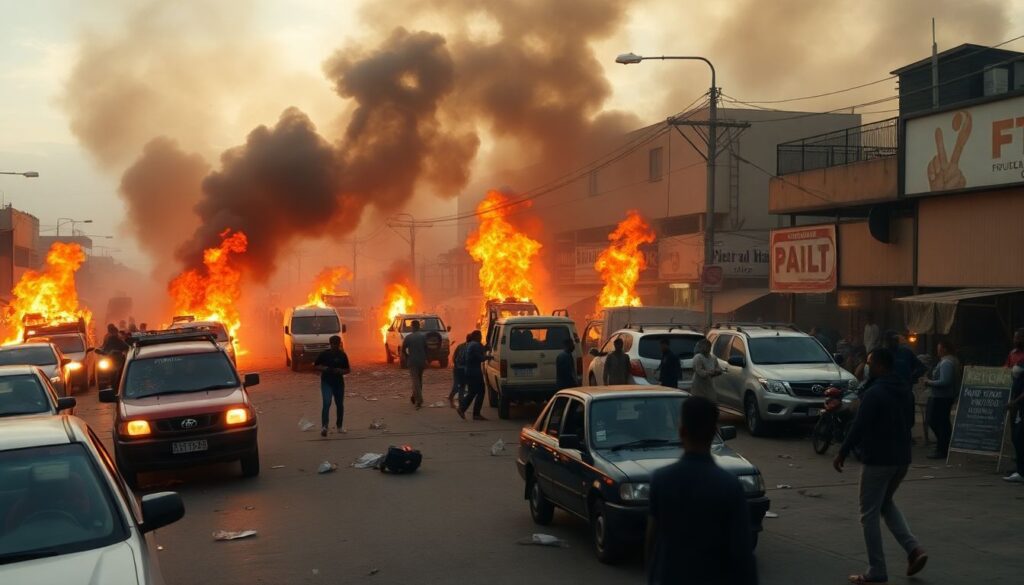 Create an image depicting chaotic street scenes in Maputo, with protesters clashing with police, burning vehicles, and looted shops, all under a smoky sky.