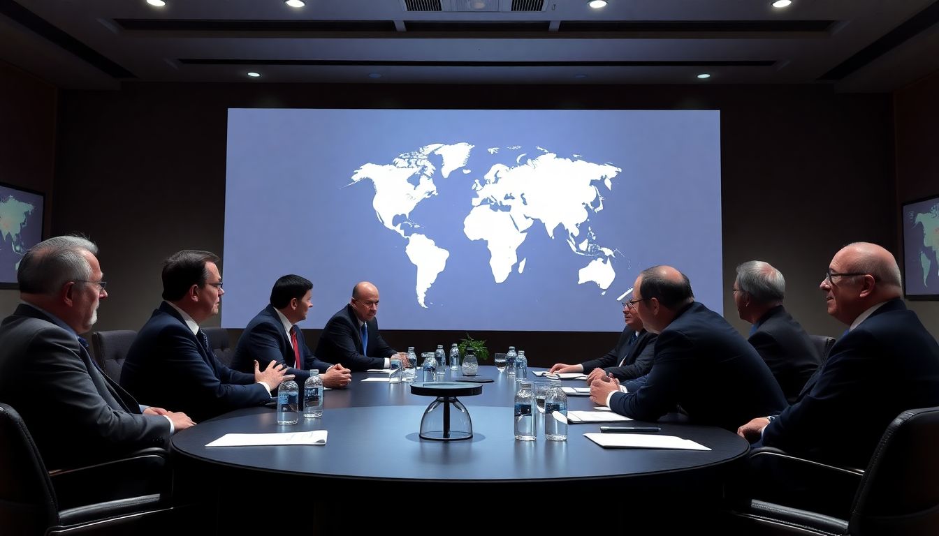 Generate an image of world leaders discussing climate change at a conference, with a focus on cooperation and problem-solving.