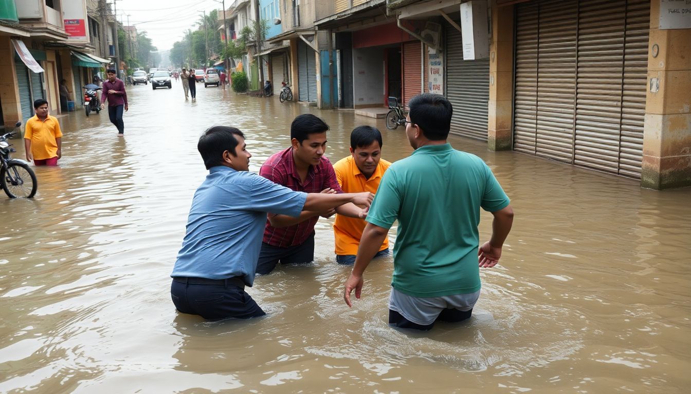Generate an image of people helping each other amidst a flooded street, with a sense of community and resilience.