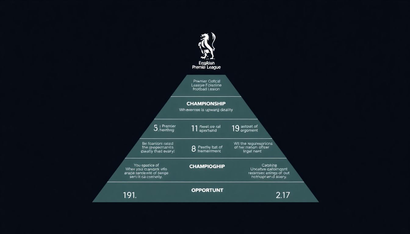 An artistic rendition of the English football pyramid, with a focus on the Premier League at the top and the Championship just below, highlighting the challenges and opportunities for upward mobility.